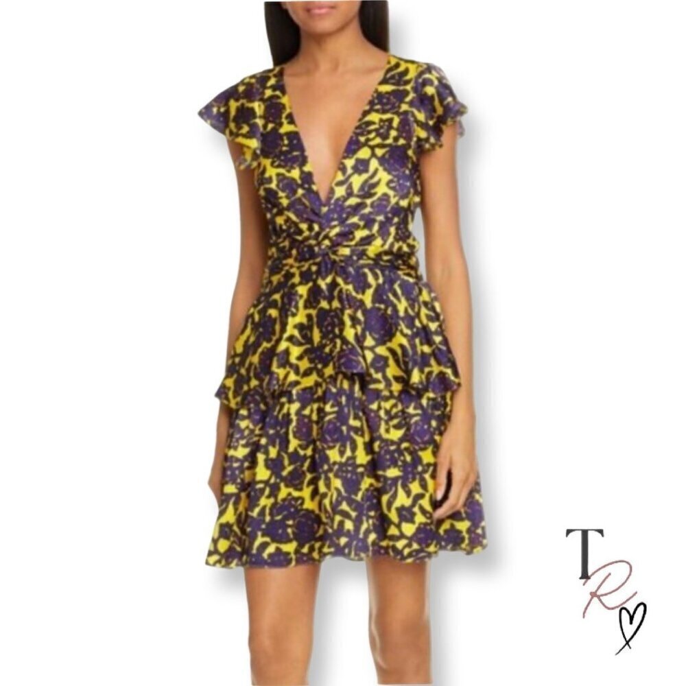 A.L.C. Viera Twist Front Mini Dress in Silk Size 6 Purple and Yellow Florals